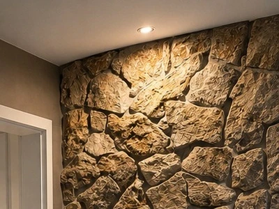 Beleuchtete Natursteinwand aus Echtstein im Badezimmer